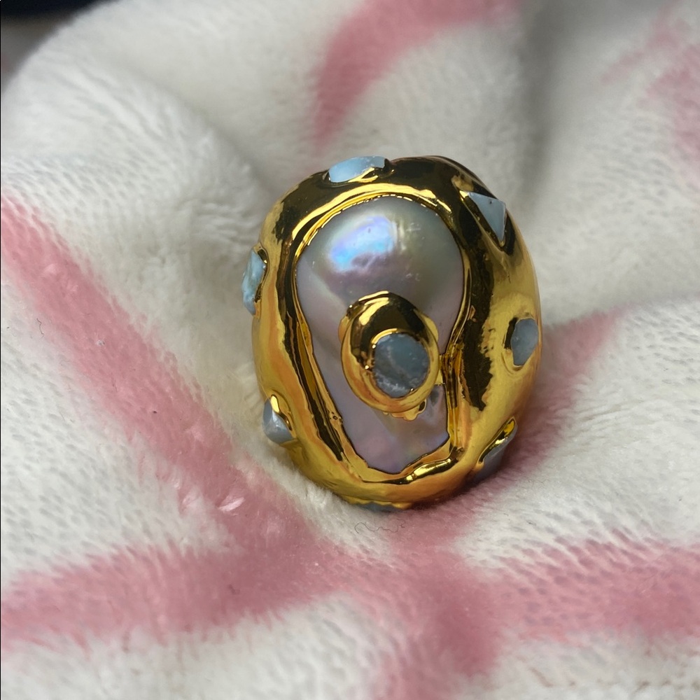 Real Larimar and Pearl 18k GP Ring